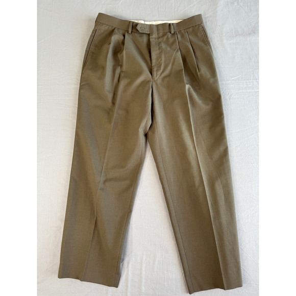 Ralph Lauren Men's Wool Dress Pants 33x28.5 Brown Pleated Front Khaki Trousers - Picture 1 of 12
